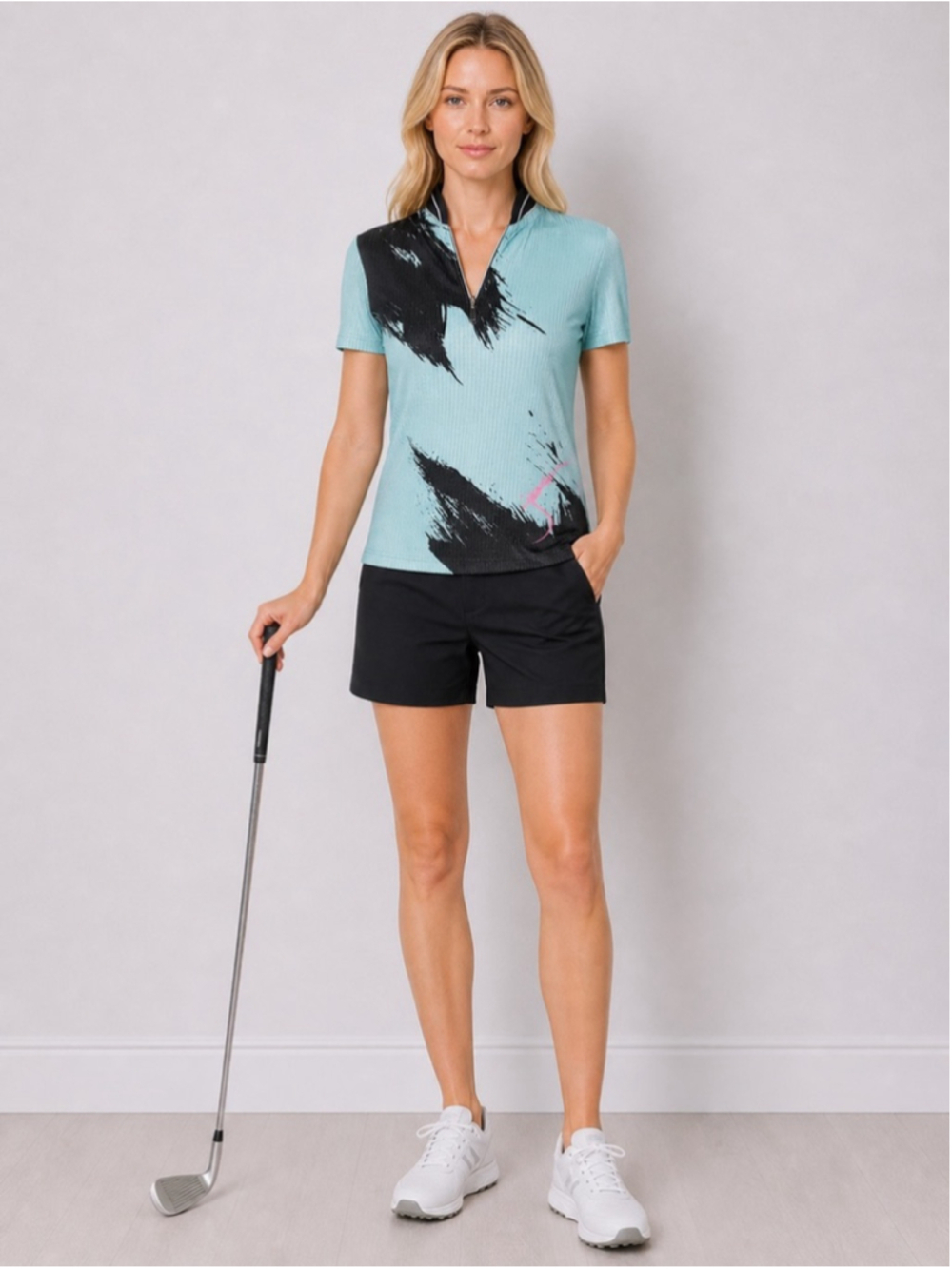 Jamie Sadock Golf Top Blue Rib Stretch Signature Short Sleeves 1/4 Zip Size M
